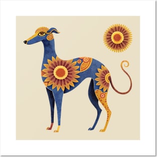 Greyhound dog with boho sunflower pattern Posters and Art